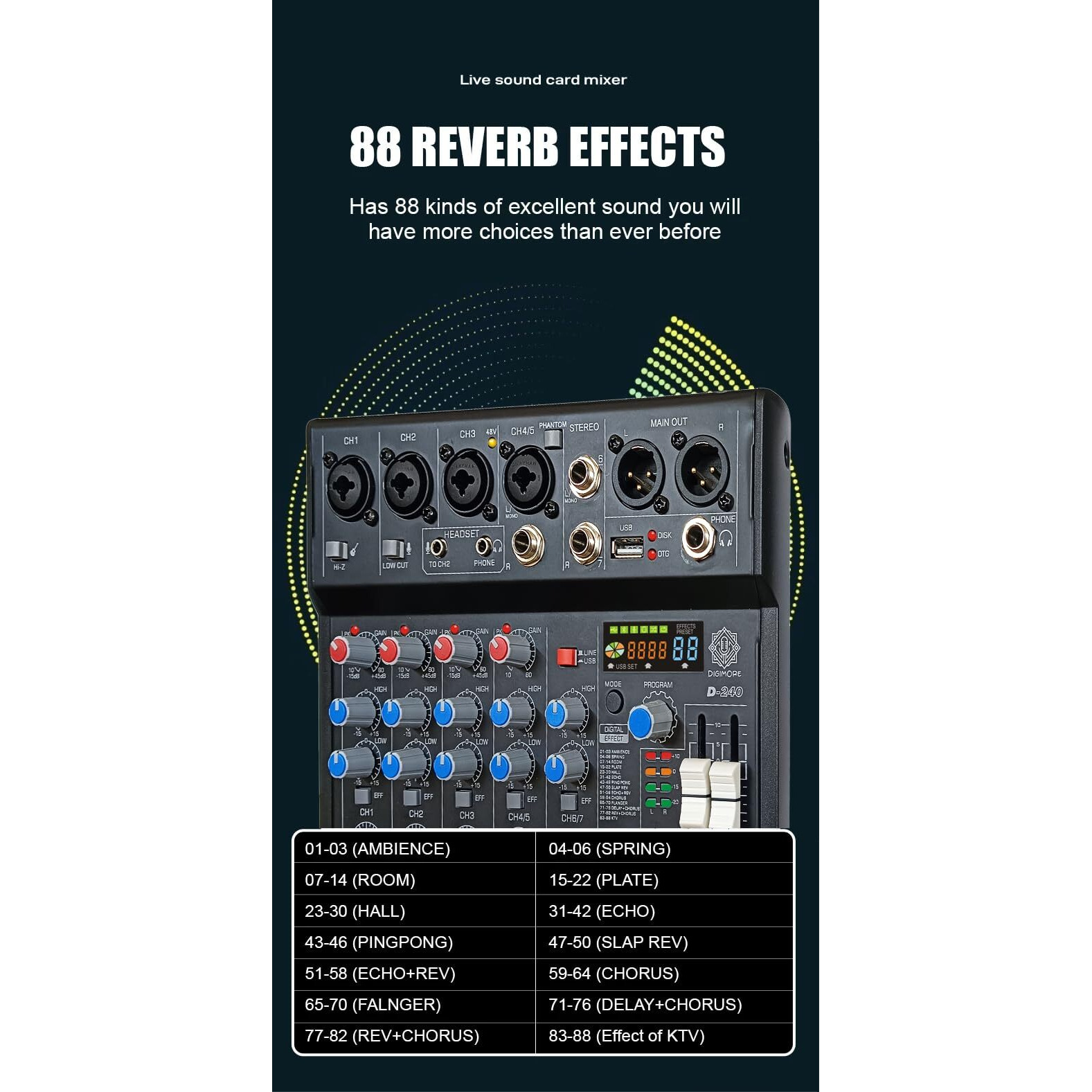 DIGIMORE 7 Channel Audio Mixer | DJ mixer Board | Bluetooth MP3 Mixer for Music With Sound Card Recording And 88 Kinds of DSP Digital Effects, USB Audio Interface for Karaoke (D-240)