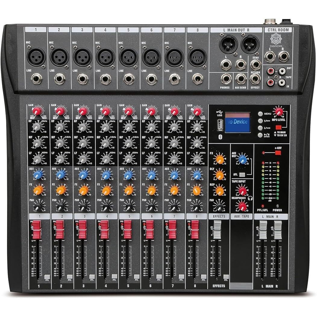 DIGIMORE Professional 8 Channel Mixer | 8 XLR + 6.35MM Input Ports | USB MP3 & BT Support | 48V Phantom Power | Delay & Repeat FX | Stereo Output | Stereo Control Room, Headphone, Aux, EFF Outs D-260
