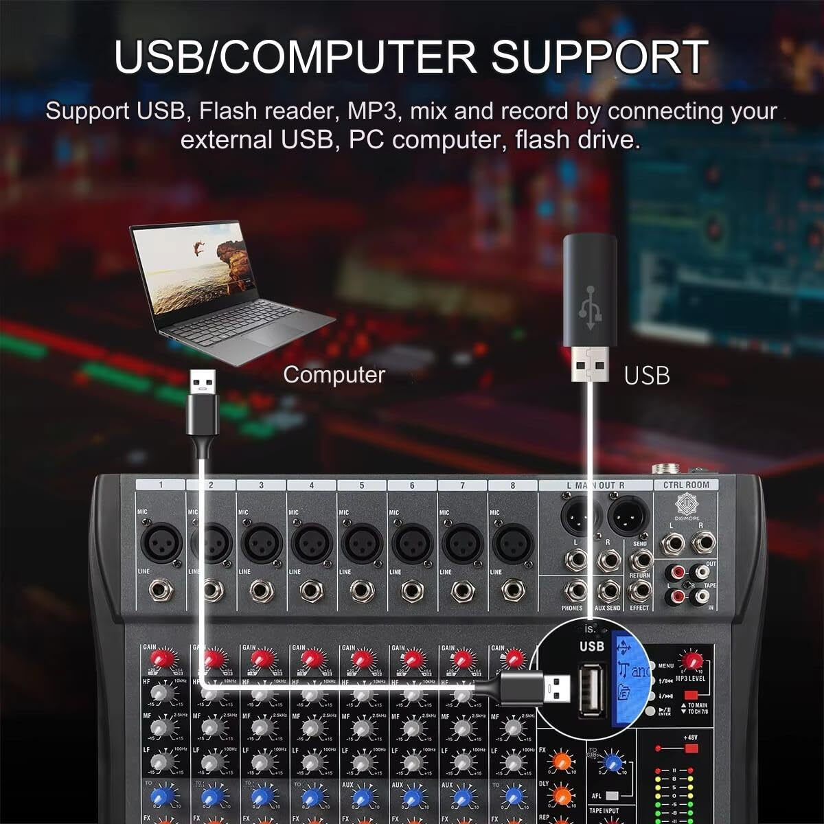 DIGIMORE Professional 8 Channel Mixer | 8 XLR + 6.35MM Input Ports | USB MP3 & BT Support | 48V Phantom Power | Delay & Repeat FX | Stereo Output | Stereo Control Room, Headphone, Aux, EFF Outs D-260