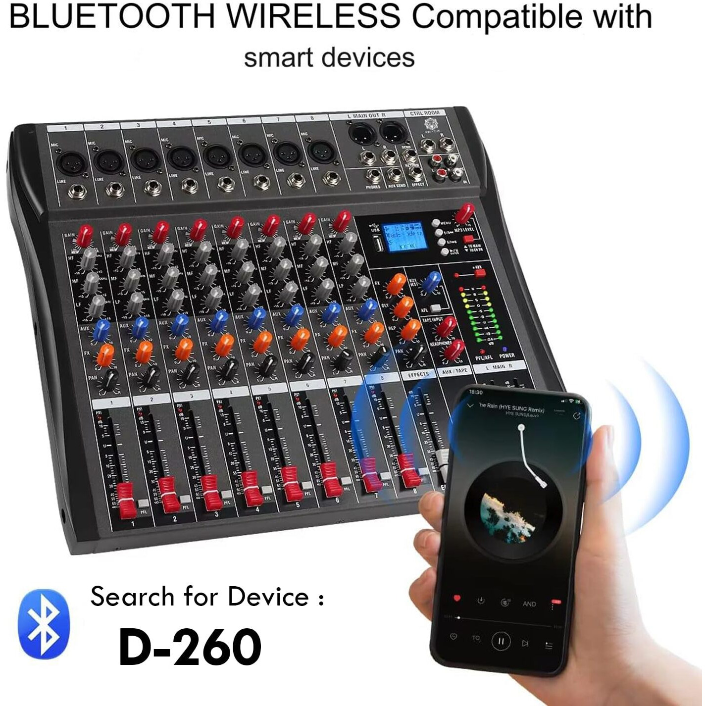 DIGIMORE Professional 8 Channel Mixer | 8 XLR + 6.35MM Input Ports | USB MP3 & BT Support | 48V Phantom Power | Delay & Repeat FX | Stereo Output | Stereo Control Room, Headphone, Aux, EFF Outs D-260