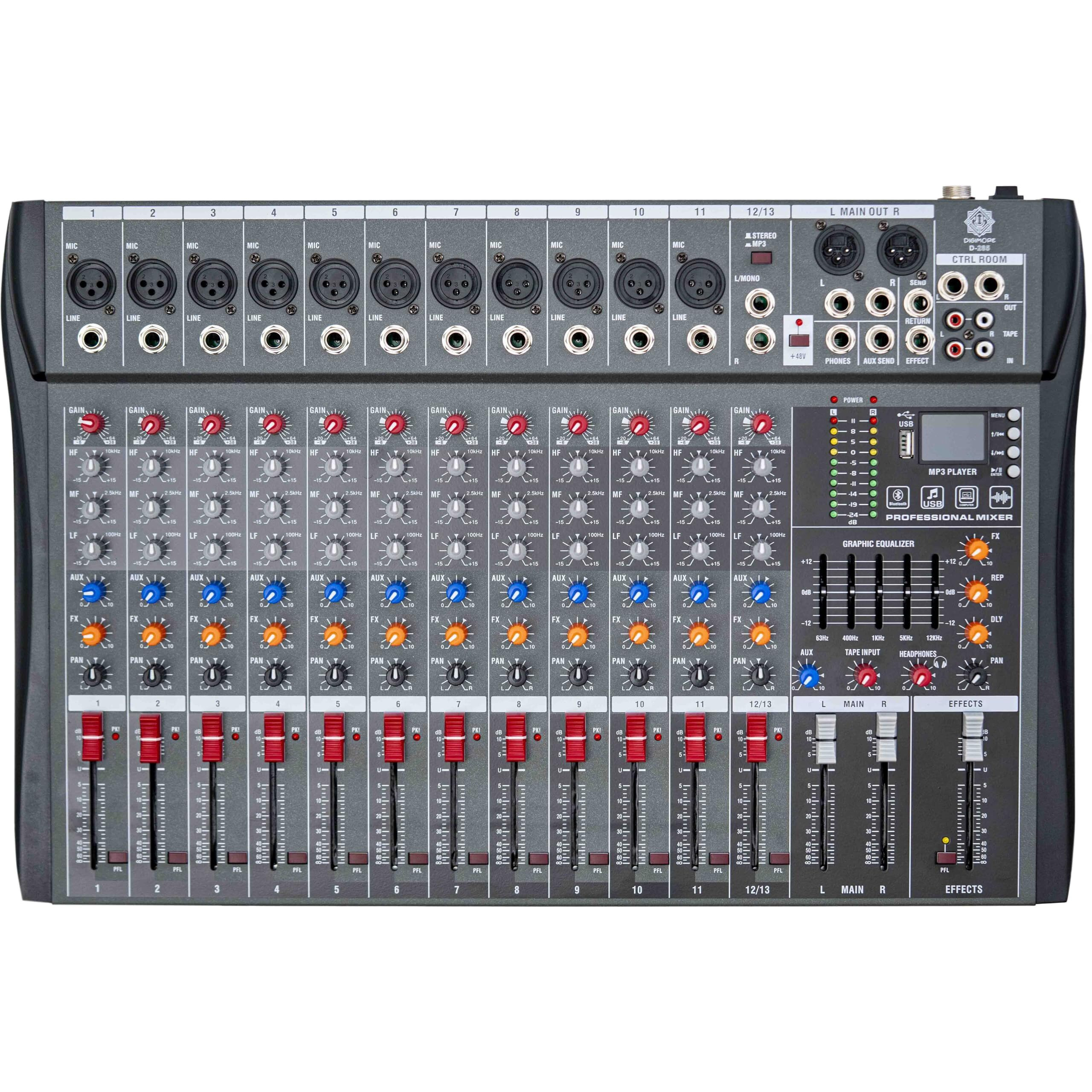 DIGIMORE Professional 12 Channel Mixer | 12 XLR + 6.35MM Inputs | USB MP3 & BT Support | 48V Phantom Power | 5-Band Eq | Delay & Repeat FX|Stereo Output| Stereo Control Room, Headphone, Aux, EFF D-285