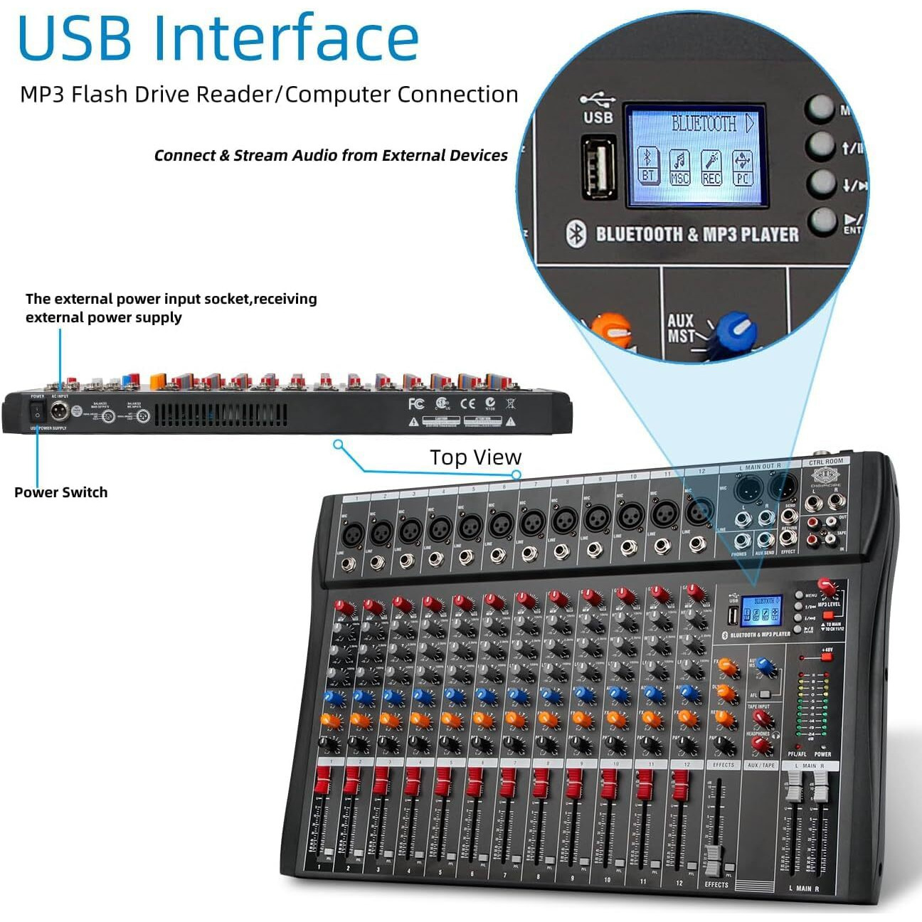 DIGIMORE Professional 12 Channel Mixer | 12 XLR + 6.35MM Inputs | USB MP3 & BT Support | 48V Phantom Power | 5-Band Eq | Delay & Repeat FX|Stereo Output| Stereo Control Room, Headphone, Aux, EFF D-285