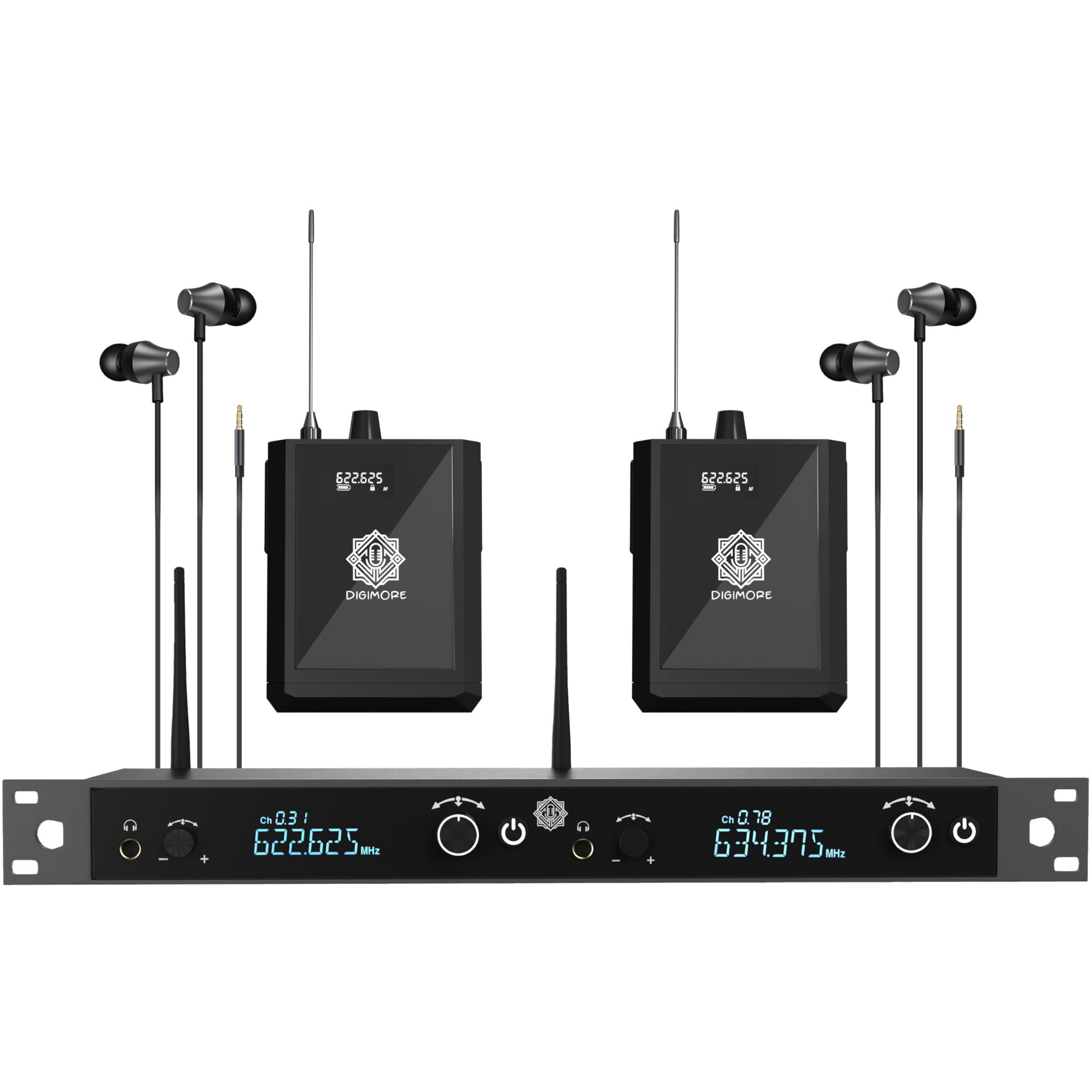 DIGIMORE UHF 2-Channel Wireless in-Ear Monitor System with Earphones | 328ft Range | 1U Rack Mount Body | for Stage Monitoring, Studio, Band Rehearsal, Live Performance (D-860)