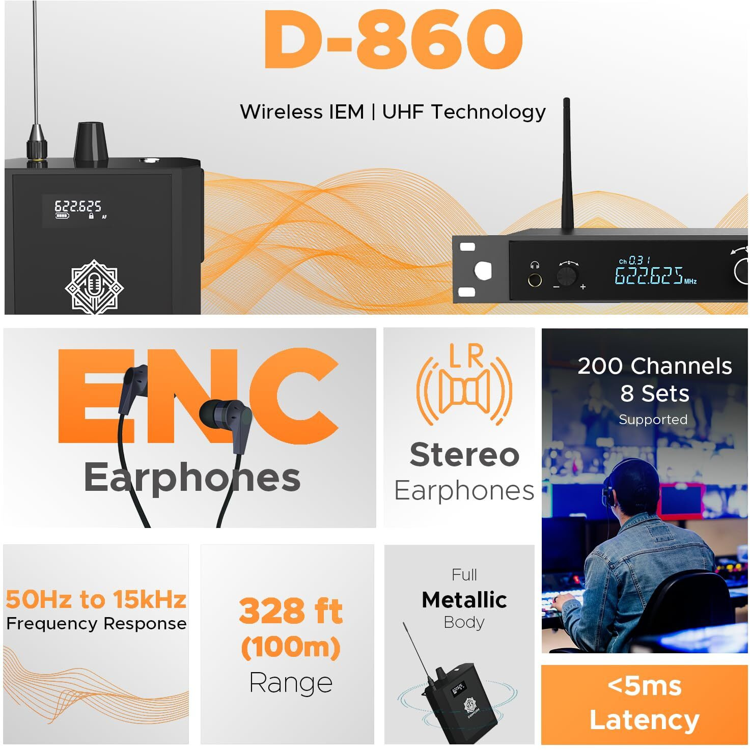 DIGIMORE UHF 2-Channel Wireless in-Ear Monitor System with Earphones | 328ft Range | 1U Rack Mount Body | for Stage Monitoring, Studio, Band Rehearsal, Live Performance (D-860)