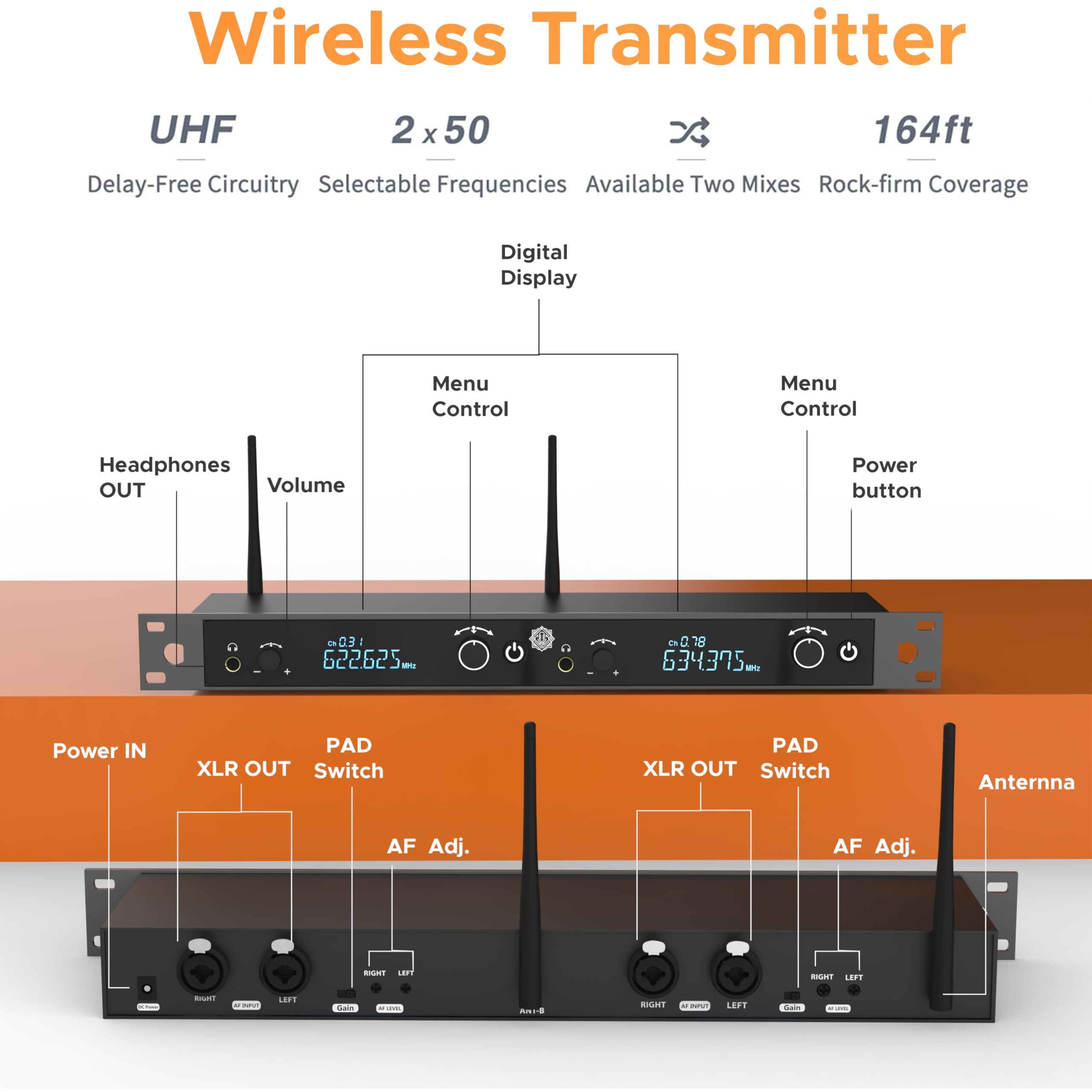DIGIMORE UHF 2-Channel Wireless in-Ear Monitor System with Earphones | 328ft Range | 1U Rack Mount Body | for Stage Monitoring, Studio, Band Rehearsal, Live Performance (D-860)