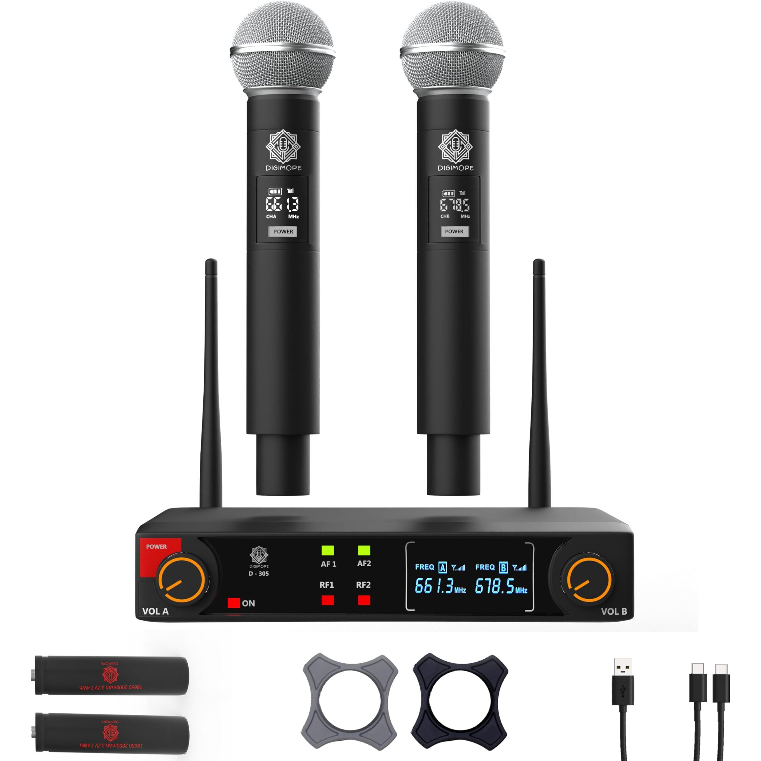 DIGIMORE UHF Dual Wireless Microphone System | 200ft Range | Balanced XLR Outs | Perfect for Singing, Karaoke & Live Performances (D-305)