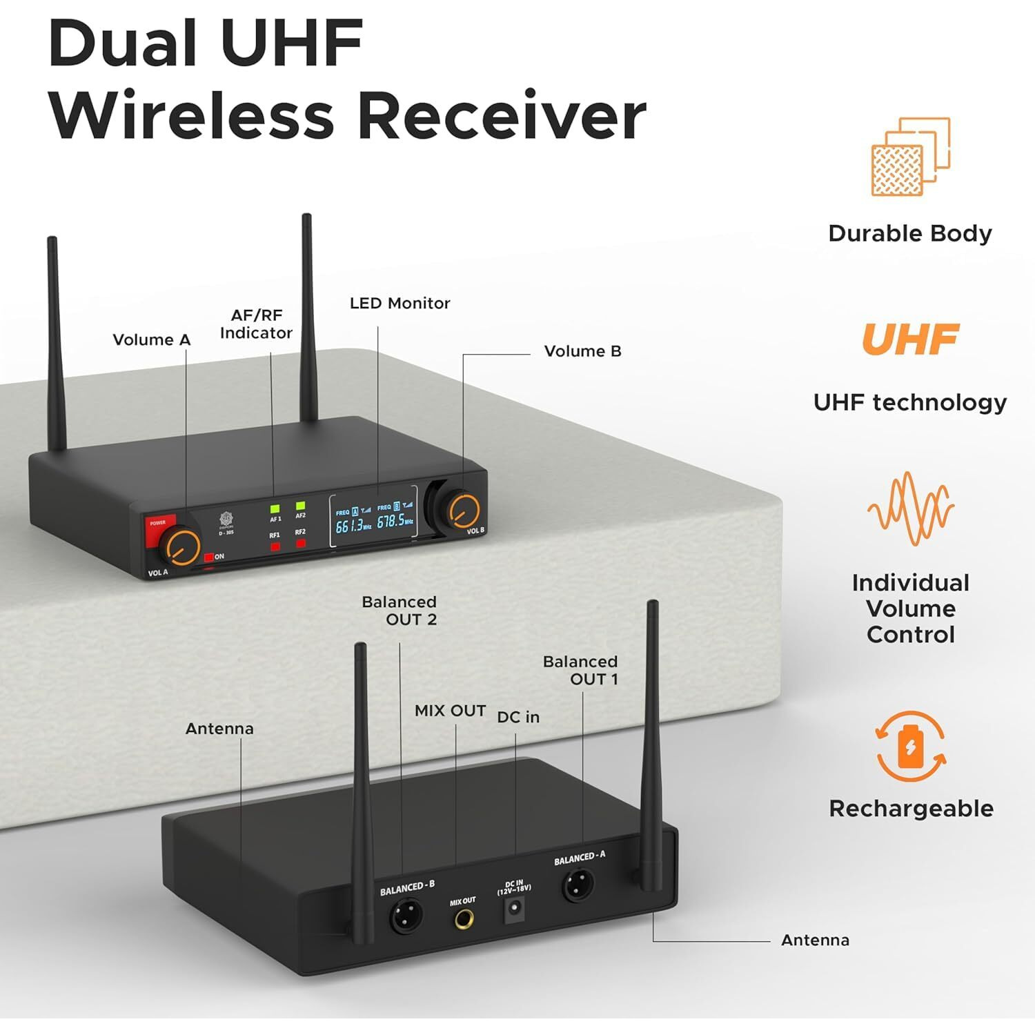 DIGIMORE UHF Dual Wireless Microphone System | 200ft Range | Balanced XLR Outs | Perfect for Singing, Karaoke & Live Performances (D-305)
