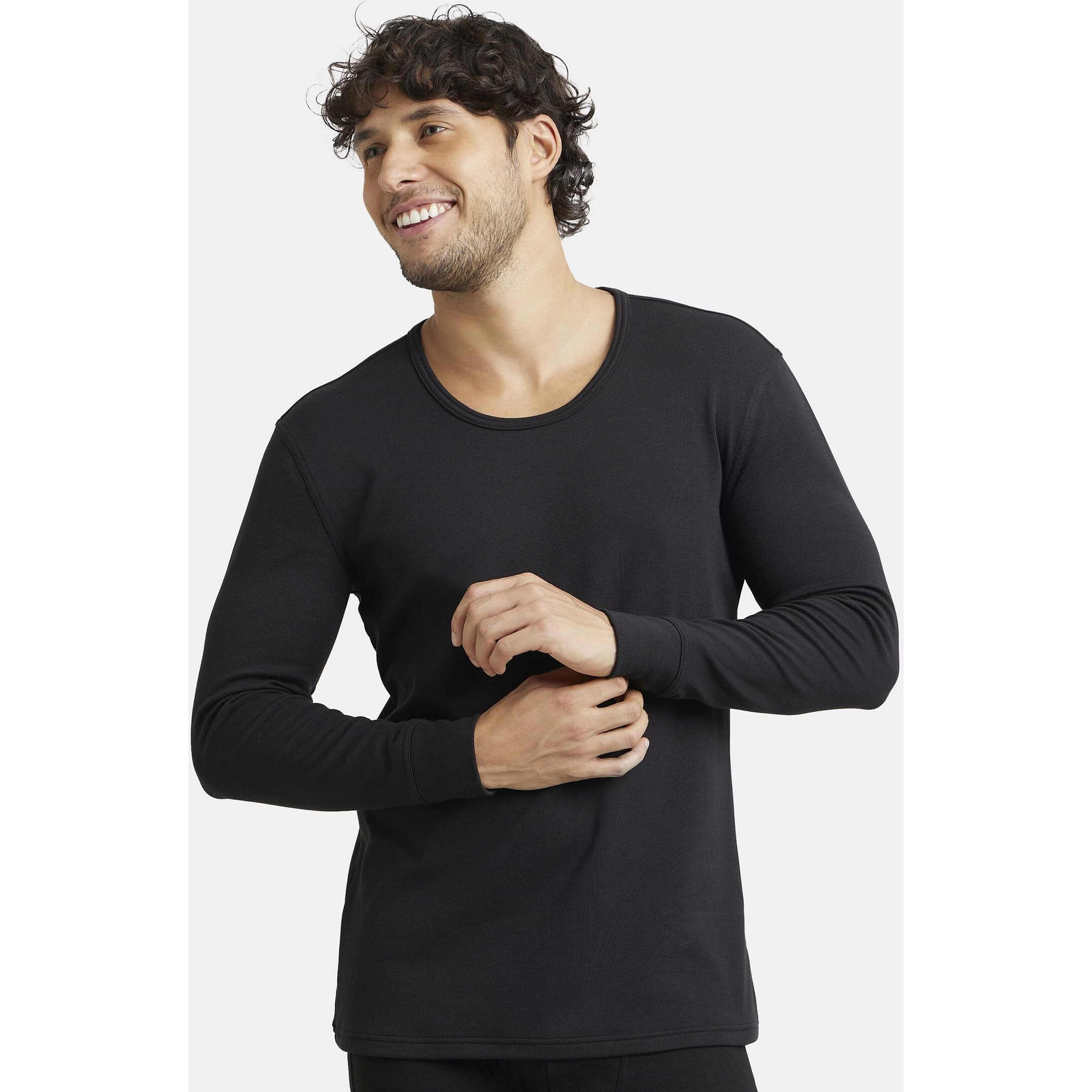 Jockey 2606 Men's Soft Touch Microfiber Elastane Stretch Fleece Fabric Full Sleeve Thermal Undershirt with Stay Warm Technology_Black_L