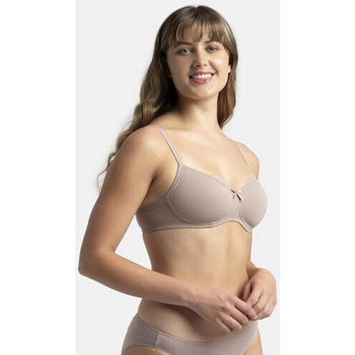 Jockey 1723 Women's Wirefree Padded Super Combed Cotton Elastane Stretch Medium Coverage Lace Styling T-Shirt Bra with Adjustable Straps_Mocha_34B