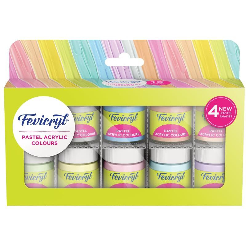 Fevicryl Acrylic Colours Pastel Kit | 10 Colours x 15 ml | DIY Paint, Rich Pigment | Multicolour & Multi-surface | Non-Cracking Paint for Canvas, Wood, Leather, Earthenware, Metal