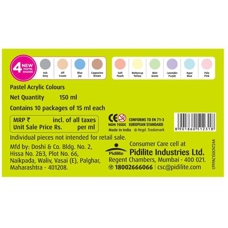 Fevicryl Acrylic Colours Pastel Kit | 10 Colours x 15 ml | DIY Paint, Rich Pigment | Multicolour & Multi-surface | Non-Cracking Paint for Canvas, Wood, Leather, Earthenware, Metal