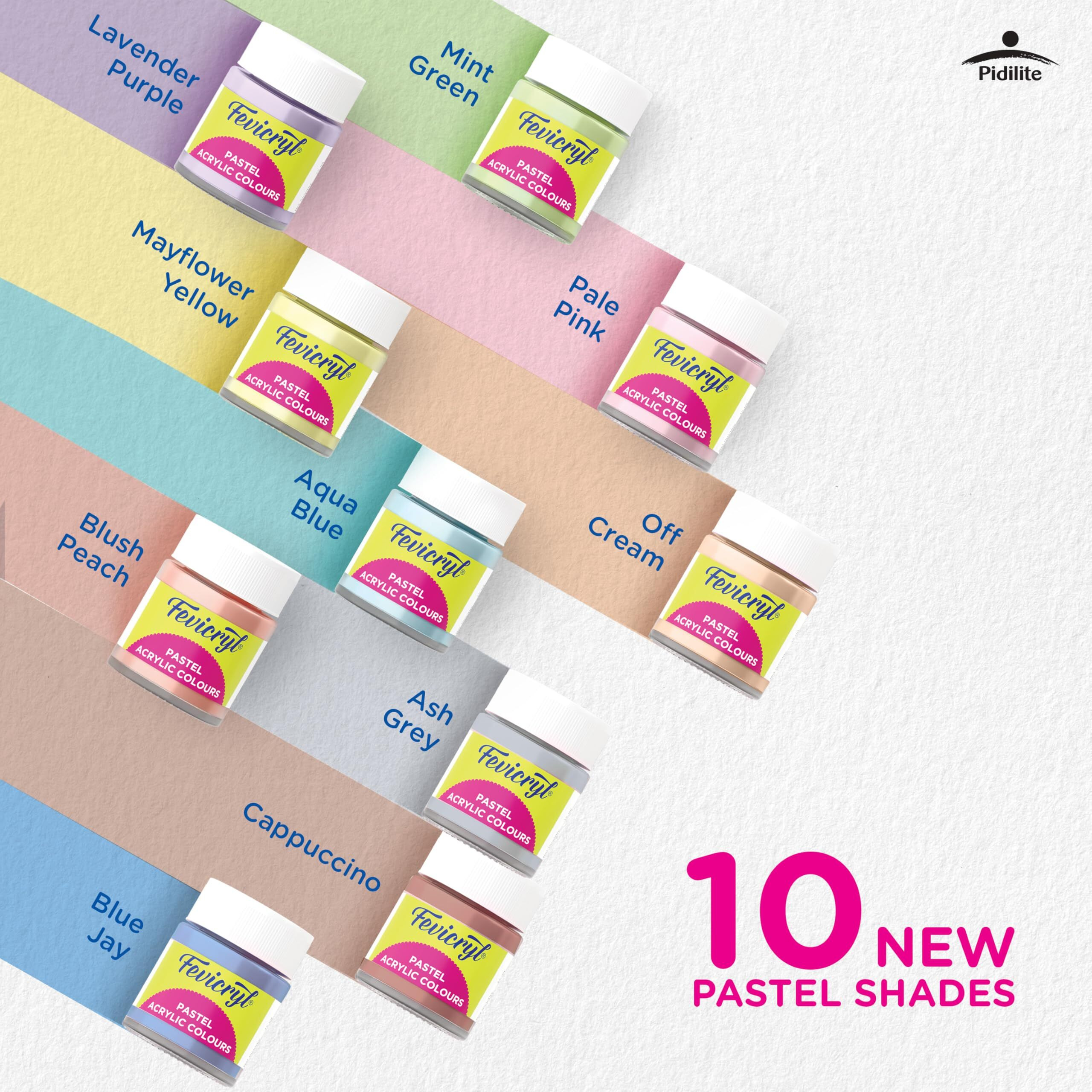 Fevicryl Acrylic Colours Pastel Kit | 10 Colours x 15 ml | DIY Paint, Rich Pigment | Multicolour & Multi-surface | Non-Cracking Paint for Canvas, Wood, Leather, Earthenware, Metal