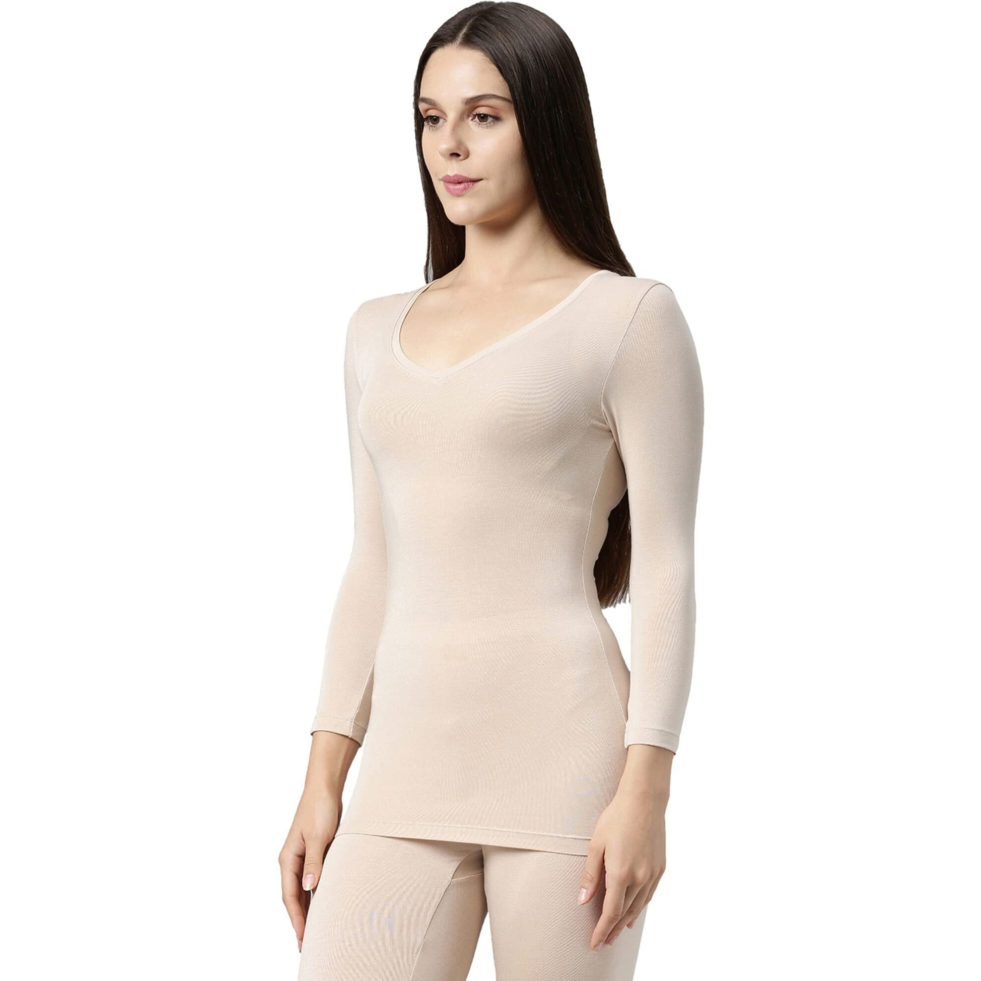 Enamor Women's V-Neck 3/4Th Sleeve Thermal Top with Sweat Wicking and Antimicrobial Finish Slim (TH02_Paleskin_XL)