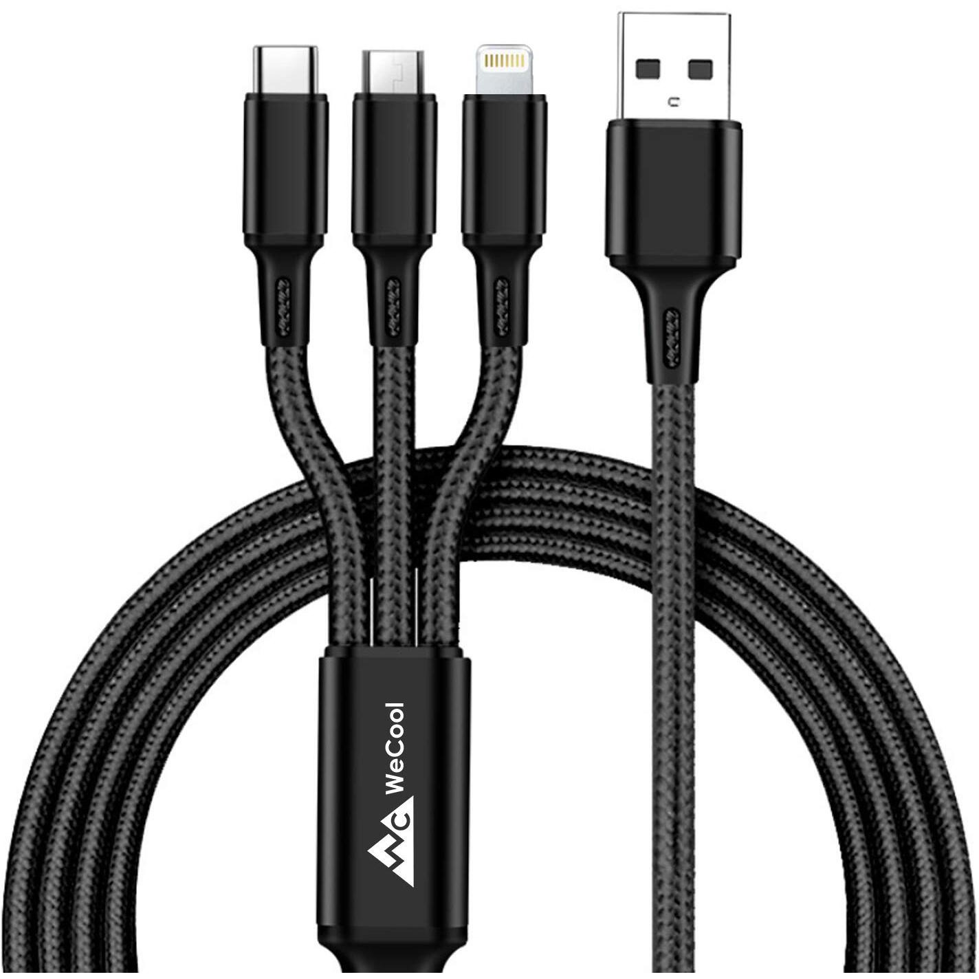 Wecool Nylon Braided 3 in 1 charging cable | Fast charging cable with 3 Ports | Multi pin charging cable | Charging cable to charge Device with Lightning,Type C,Micro USb Port | Charger cable -1.2 Mtr