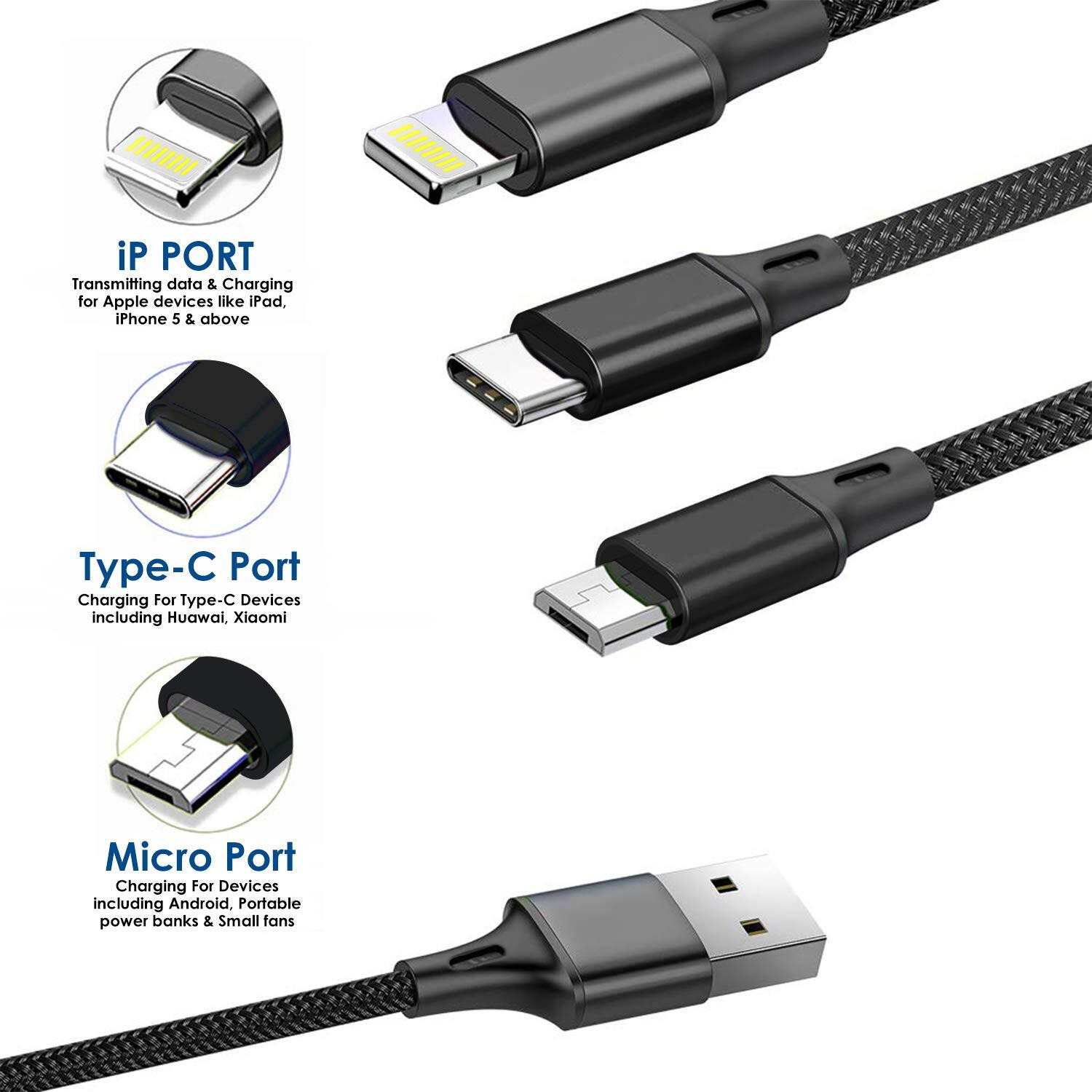 Wecool Nylon Braided 3 in 1 charging cable | Fast charging cable with 3 Ports | Multi pin charging cable | Charging cable to charge Device with Lightning,Type C,Micro USb Port | Charger cable -1.2 Mtr