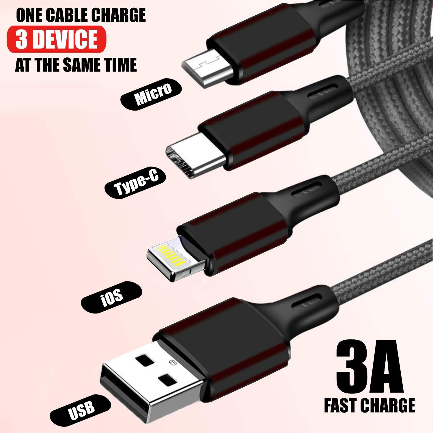 Wecool Nylon Braided 3 in 1 charging cable | Fast charging cable with 3 Ports | Multi pin charging cable | Charging cable to charge Device with Lightning,Type C,Micro USb Port | Charger cable -1.2 Mtr