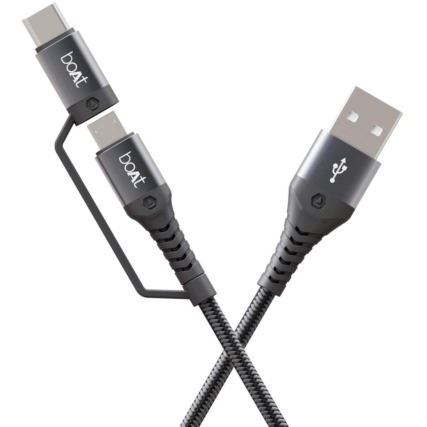 boAt Deuce USB 300 2 in 1 Type-C & Micro USB Stress Resistant, Sturdy Cable with 3A Fast Charging & 480mbps Data Transmission, 10000+ Bends Lifespan and Extended 1.5m Length(Mercurial Black)