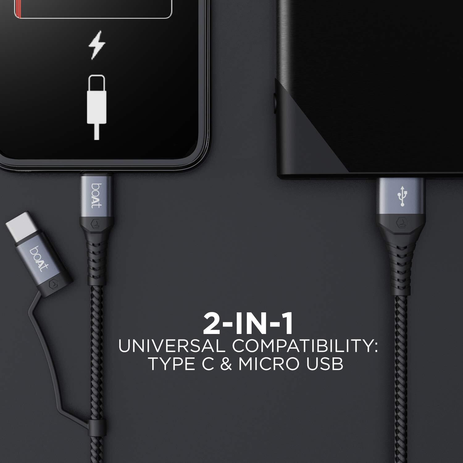 boAt Deuce USB 300 2 in 1 Type-C & Micro USB Stress Resistant, Sturdy Cable with 3A Fast Charging & 480mbps Data Transmission, 10000+ Bends Lifespan and Extended 1.5m Length(Mercurial Black)
