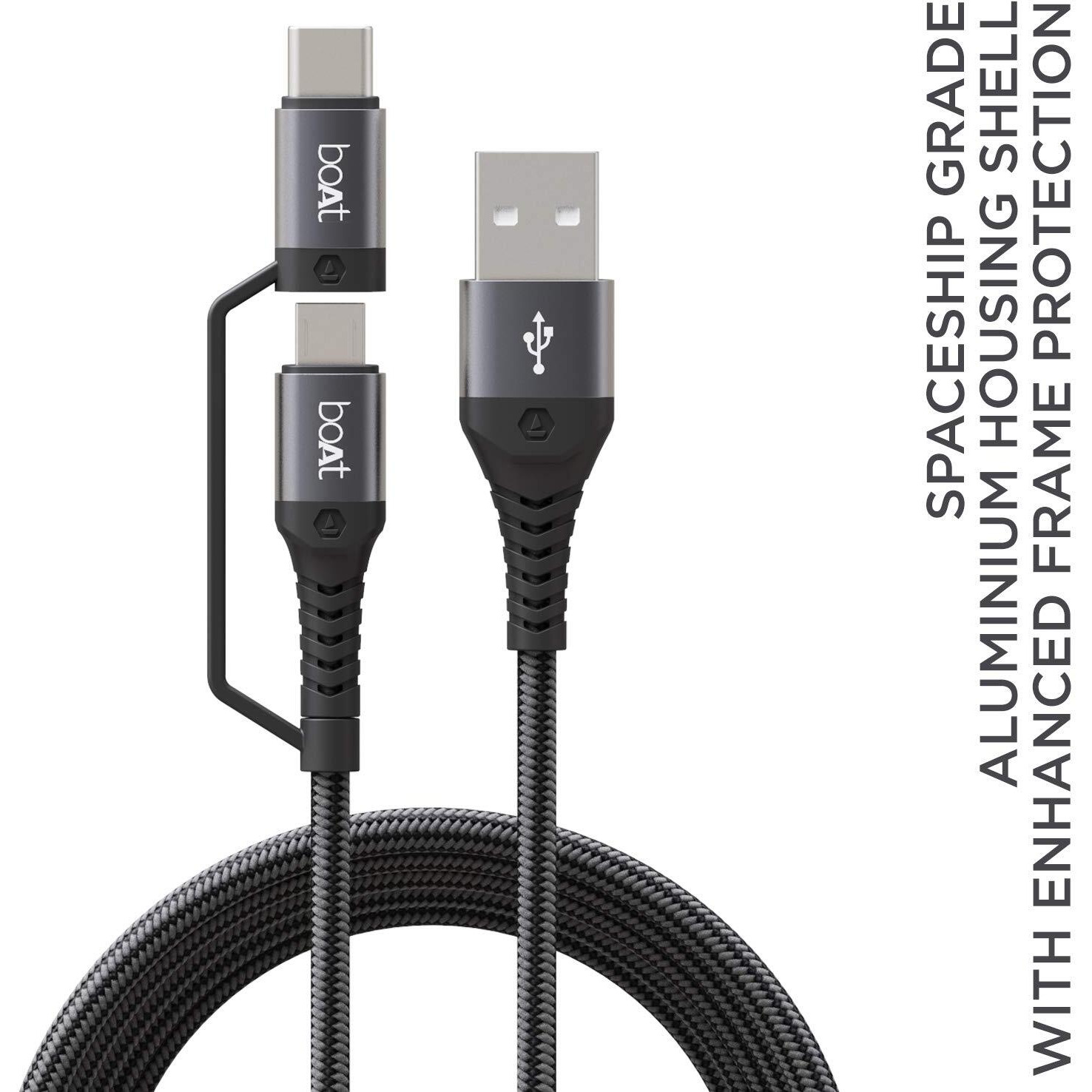 boAt Deuce USB 300 2 in 1 Type-C & Micro USB Stress Resistant, Sturdy Cable with 3A Fast Charging & 480mbps Data Transmission, 10000+ Bends Lifespan and Extended 1.5m Length(Mercurial Black)
