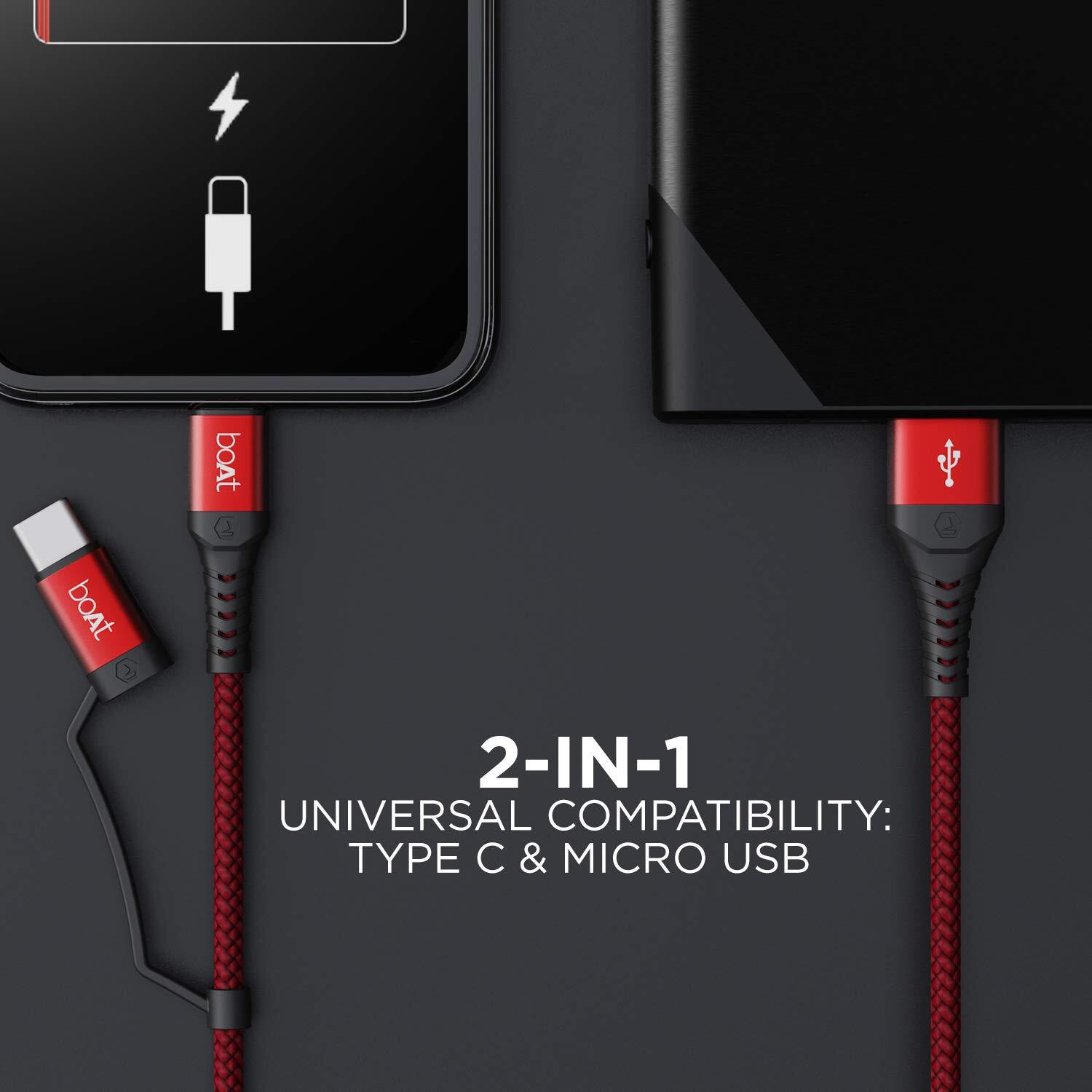 boAt Deuce USB 300 2 in 1 Type-C & Micro USB Stress Resistant, Sturdy Cable with 3A Fast Charging & 480mbps Data Transmission, 10000+ Bends Lifespan and Extended 1.5m Length(Martian Red)
