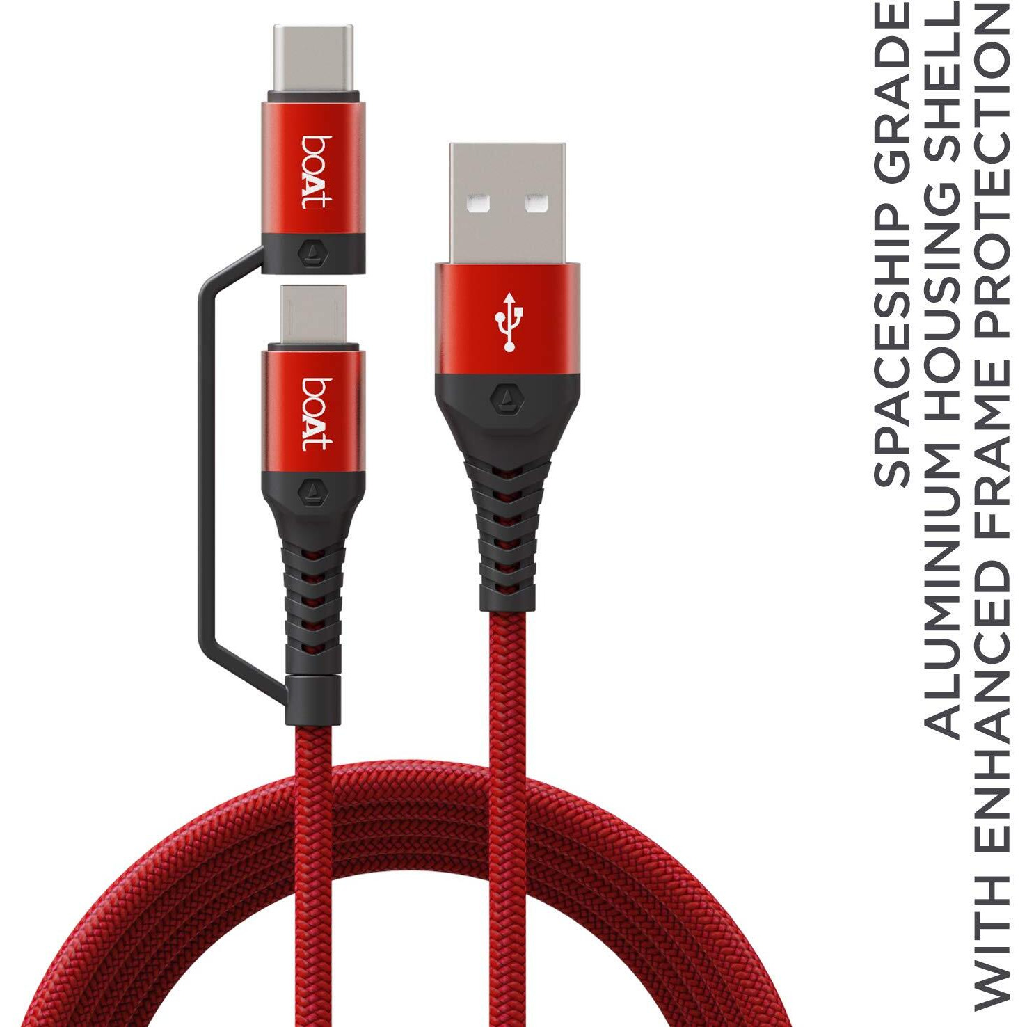 boAt Deuce USB 300 2 in 1 Type-C & Micro USB Stress Resistant, Sturdy Cable with 3A Fast Charging & 480mbps Data Transmission, 10000+ Bends Lifespan and Extended 1.5m Length(Martian Red)