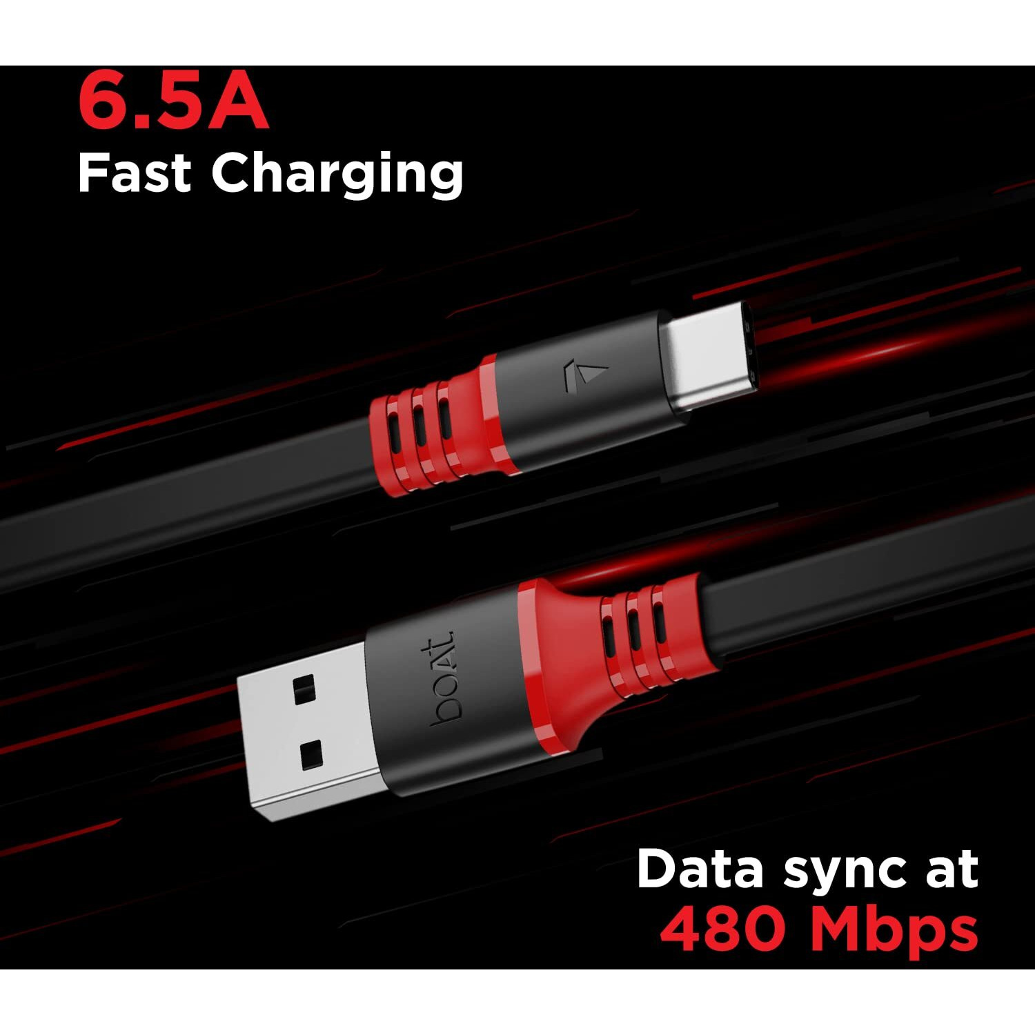 boAt Type C A750 6.5A Super Fast Charging Flat Cable Cable w/Stress Resistance, Upto 65W/6.5Amp & Compatible w/Xiaomi, Oneplus, Samsung, Vivo, Oppo,480 Mbps Data Transmission Speed(Rebellious Black)