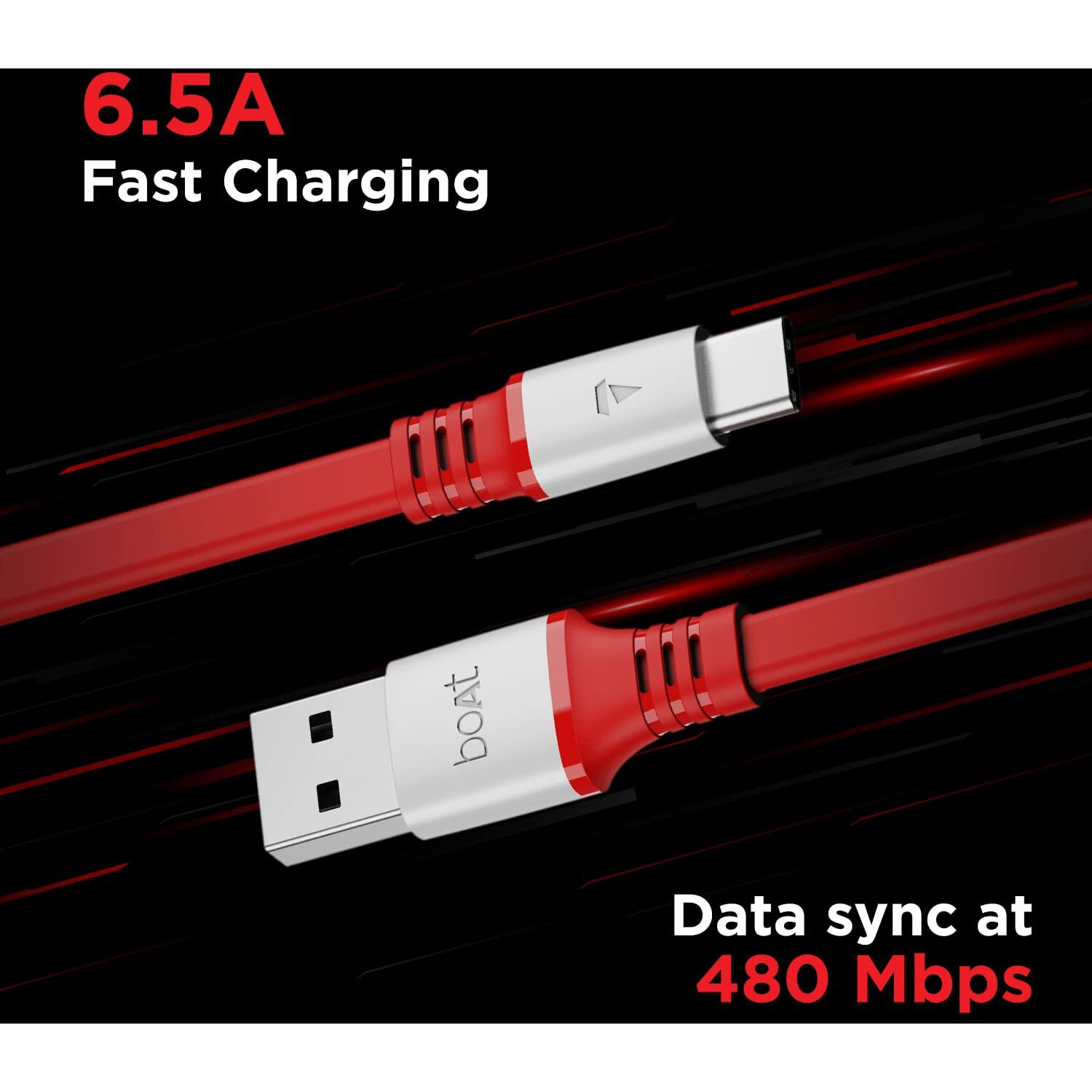 boAt Type C A750 6.5A Super Fast Charging Flat Cable Cable w/Stress Resistance, Upto 65W/6.5Amp & Compatible w/Xiaomi, Oneplus, Samsung, Vivo, Oppo, 480 Mbps Data Transmission Speed(Radiant Red)