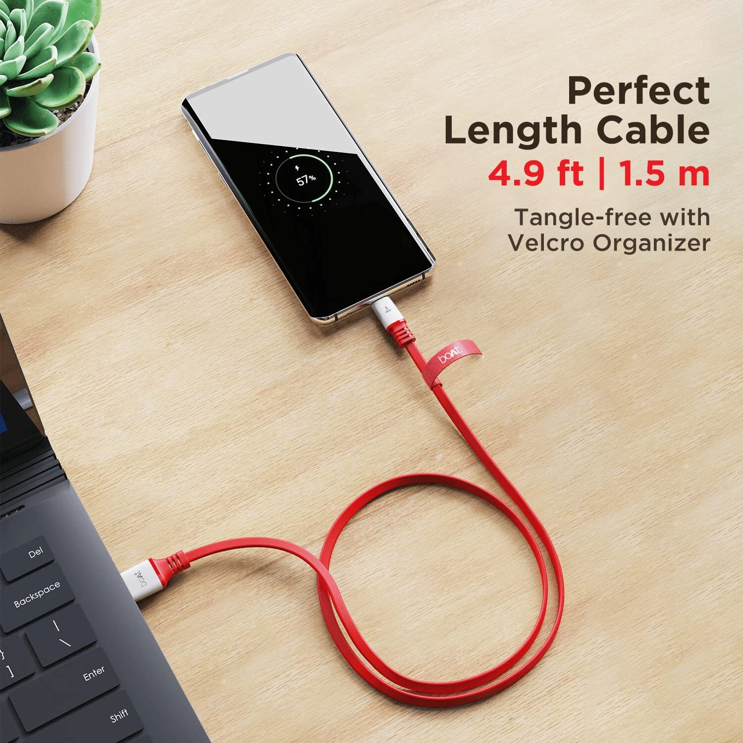 boAt Type C A750 6.5A Super Fast Charging Flat Cable Cable w/Stress Resistance, Upto 65W/6.5Amp & Compatible w/Xiaomi, Oneplus, Samsung, Vivo, Oppo, 480 Mbps Data Transmission Speed(Radiant Red)