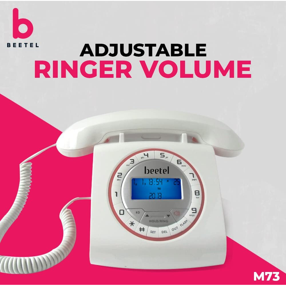 Beetel M73 Caller ID Corded Landline Phone with 16 Digit LCD Display, Retro Design, Alphanumeric Keypad, 2-Way Speaker Phone, Adjustable Ringing (White & Red)(M73)