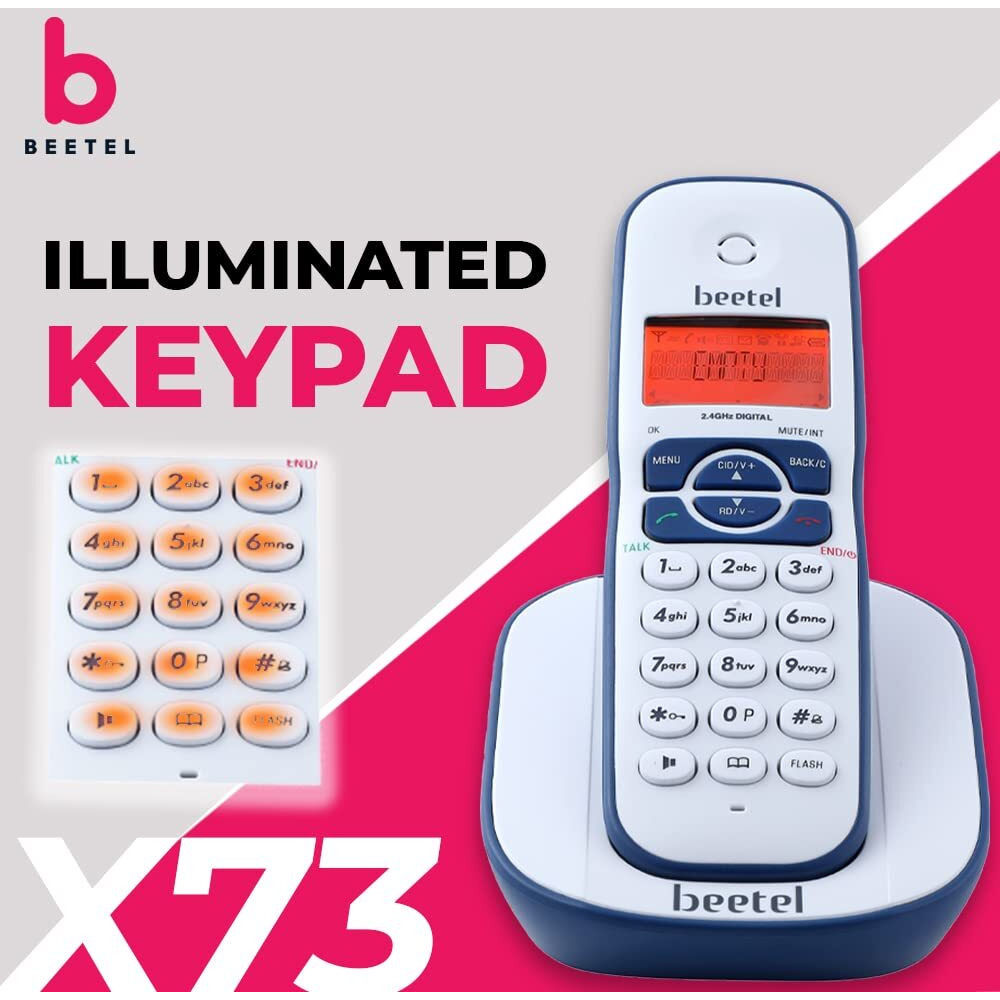 Beetel X73 Cordless 2.4Ghz Landline Phone with Caller ID Display, 2-Way Speaker Phone with Volume Controls, Auto Answer, Alarm Function, Stylish Design (Blue/White)(X73)
