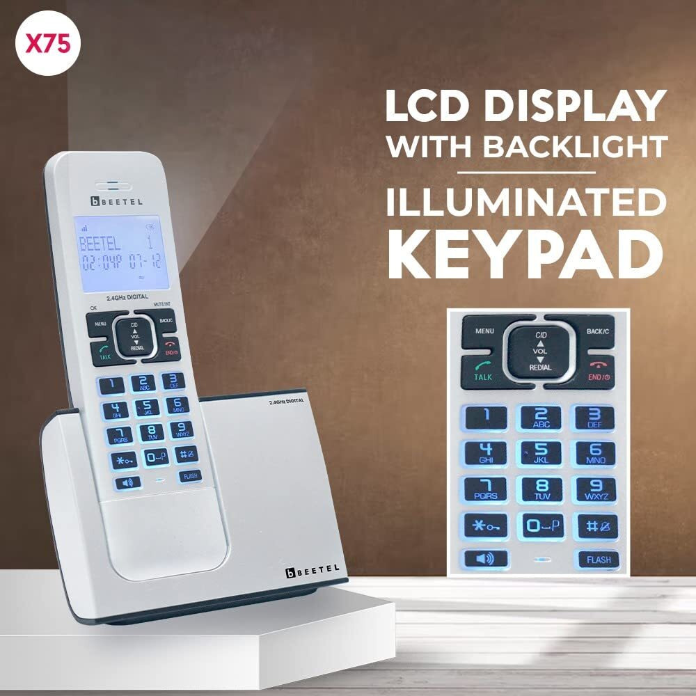 Beetel X75 2.4Ghz Cordless Landline,Dual Mode DTMF/FSK,1 Line 7 Segment LCD Display & Blue LED Backlit,Illuminated Keypad,2 Way Speaker Phone,6 Step Ringer Volume Control (Silver)(X75)