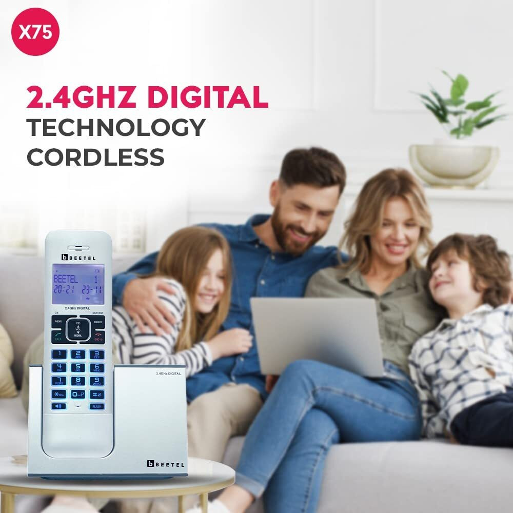 Beetel X75 2.4Ghz Cordless Landline,Dual Mode DTMF/FSK,1 Line 7 Segment LCD Display & Blue LED Backlit,Illuminated Keypad,2 Way Speaker Phone,6 Step Ringer Volume Control (Silver)(X75)