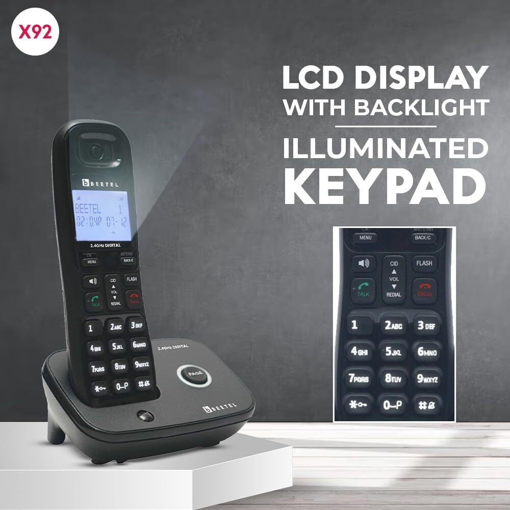 Beetel X92 2.4Ghz Cordless Landline,Dual Mode DTMF/FSK,1 Line 7 Segment LCD Display & Blue LED Backlit,Illuminated Keypad,2 Way Speaker Phone,6 Step Ringer Volume Control (Black)(X92)