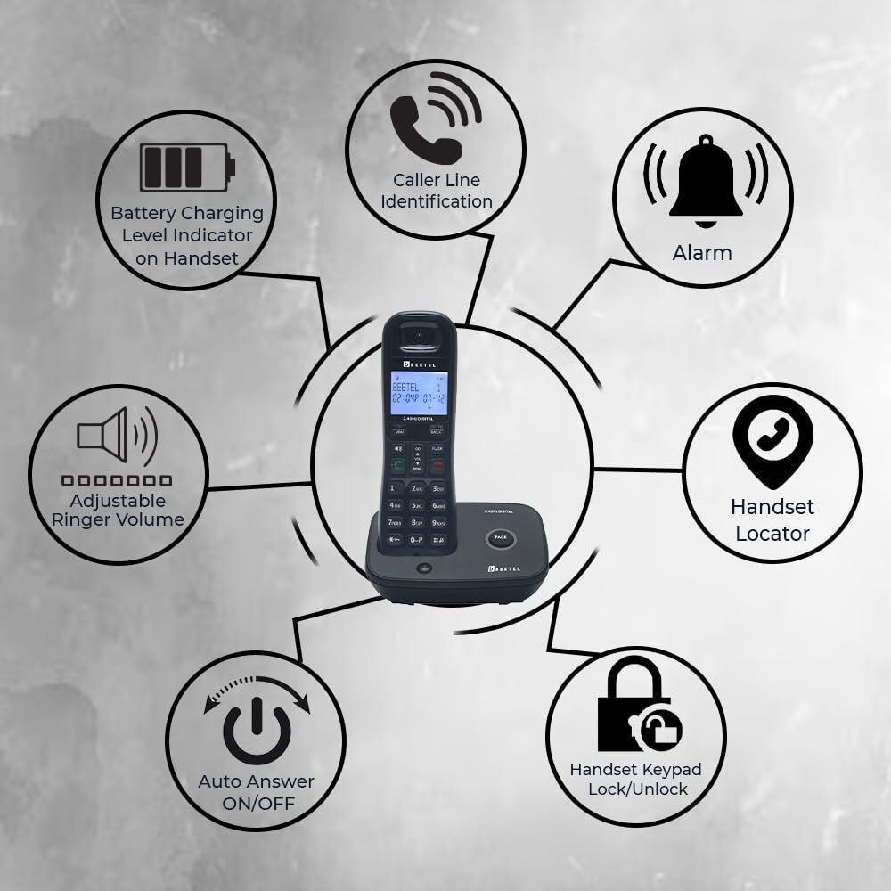 Beetel X92 2.4Ghz Cordless Landline,Dual Mode DTMF/FSK,1 Line 7 Segment LCD Display & Blue LED Backlit,Illuminated Keypad,2 Way Speaker Phone,6 Step Ringer Volume Control (Black)(X92)