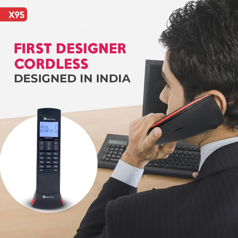 Beetel X95 Flagship Designer Cordless landline,Proudly Designed in India,2.4GHz,Dual Tone,Blue-White LCD,2-Way Speaker Phone,Ringer & Volume Control,Auto Answer,Alarm(X95)(Black/Red)