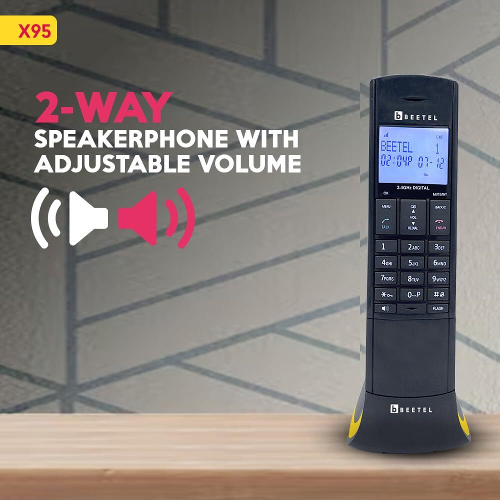 Beetel X95 Flagship Designer Cordless landline,Proudly Designed in India,2.4GHz,Dual Tone,Blue-White LCD,2-Way Speaker Phone,Ringer & Volume Control,Auto Answer,Alarm(X95)(Black/Yellow)