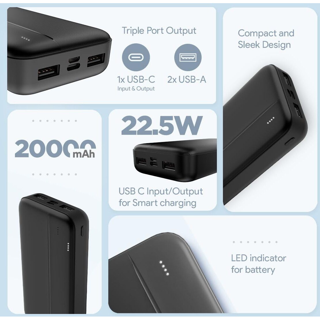FLiX(Beetel) UltraCharge 20,000mAh QCPD Power Bank,USB C/B Input,Tripple Output 22.5W High-Speed Power Delivery,Compatible to iPhone 14 13 12 11 Samsung S22 S23 Google Pixel7 Oneplus (P25-Black)