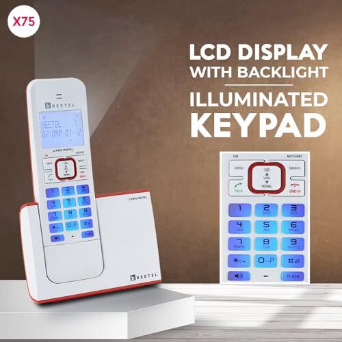 Beetel X75 2.4Ghz Cordless Landline,Dual Mode DTMF/FSK,1 Line 7segment LCD Display & Blue LED Backlit,Illuminated Keypad,2 Way Speaker Phone,6 Step Ringer Volume Control(Red/White)(X75)