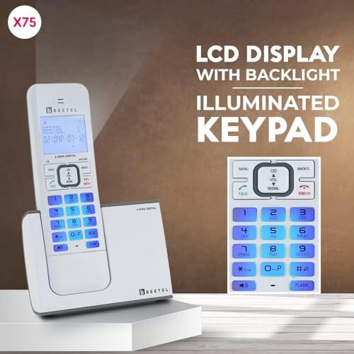 Beetel X75 2.4Ghz Cordless Landline,Dual Mode DTMF/FSK,1 Line 7segment LCD Display& Blue LED Backlit,Illuminated Keypad,2 Way Speaker Phone,6 Step Ringer Volume Control(Grey/White)(X75)