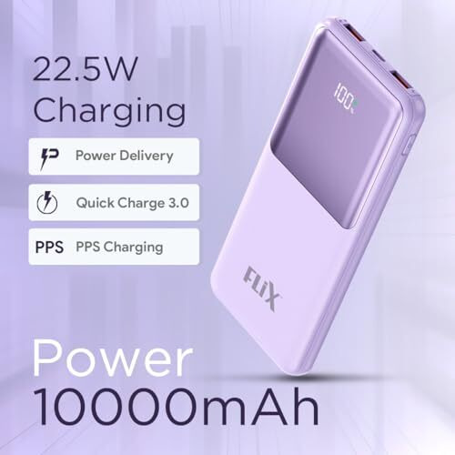 FLiX (Beetel) UltraCharge P115 10000mAh 22.5W QC Power Delivery PPS Power Bank, Tripple Output, Dual Input Type C & B, Percentage LED Indicator, Compatible iPhone, Samsung, Google (XPB-P115)(Purple)