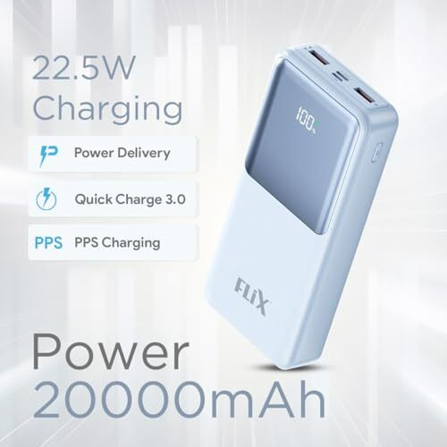 FLiX (Beetel) UltraCharge P125 20000mAh 22.5W QC Power Delivery PPS Power Bank, Tripple Output, Dual Input Type C & B, Percentage LED Indicator, Compatible to iPhone, Samsung, Google (XPB-P125)(Blue)