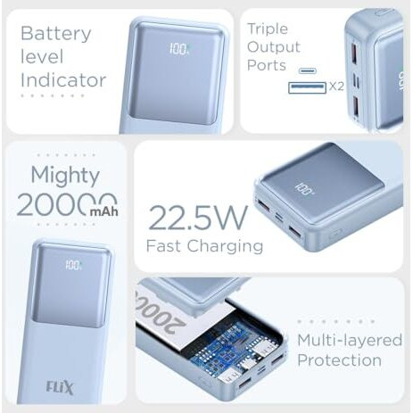 FLiX (Beetel) UltraCharge P125 20000mAh 22.5W QC Power Delivery PPS Power Bank, Tripple Output, Dual Input Type C & B, Percentage LED Indicator, Compatible to iPhone, Samsung, Google (XPB-P125)(Blue)