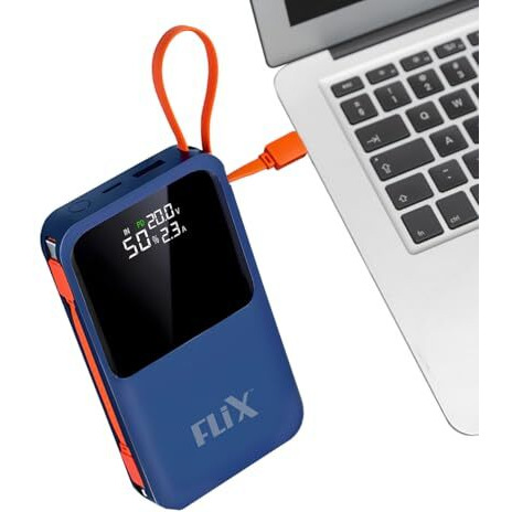 FLiX (Beetel) UltraCharge XPB-P45 20,000mAh 45W QC Power Delivery PPS Power Bank, in-Built Type C & Lightning USB Fast Charging Cables, LED for Charging Percentage with Amp and Volt Display (Blue)