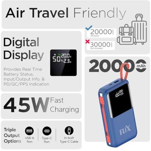 FLiX (Beetel) UltraCharge XPB-P45 20,000mAh 45W QC Power Delivery PPS Power Bank, in-Built Type C & Lightning USB Fast Charging Cables, LED for Charging Percentage with Amp and Volt Display (Blue)