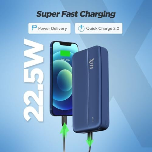 FLiX(Beetel) UltraCharge 20,000mAh QCPD Power Bank,USB C/B Input,Tripple Output 22.5W High-Speed Power Delivery,Compatible to iPhone 14 13 12 11 Samsung S22 S23 Google Pixel7 Oneplus (P25-Blue)