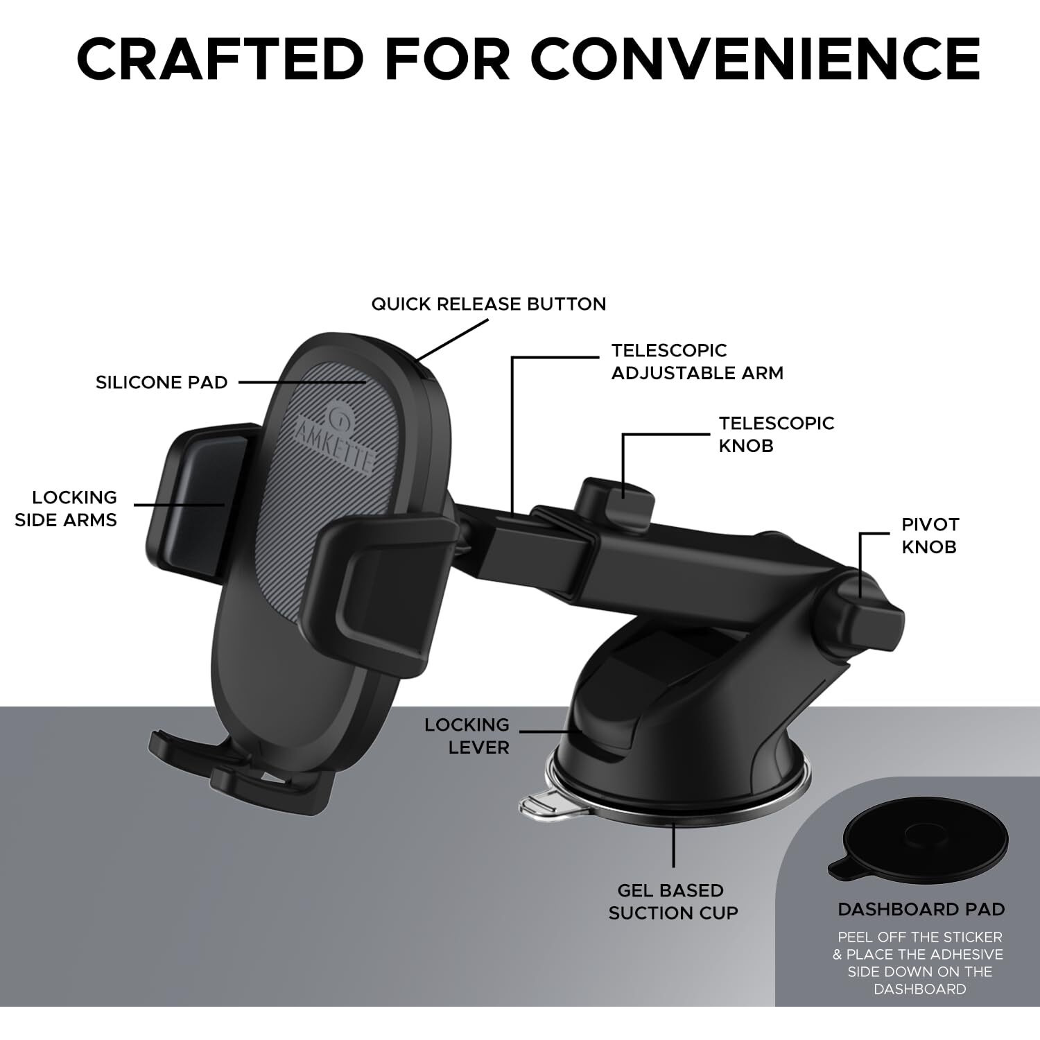 Amkette iGrip Drive Long Arm Premium Mobile holder for car with 360 Rotation, Strong Build Quality for Dashboard and Windshield |Telescopic Adjustable Arm and Bottom Foot |Suction pad|Drive Assist App