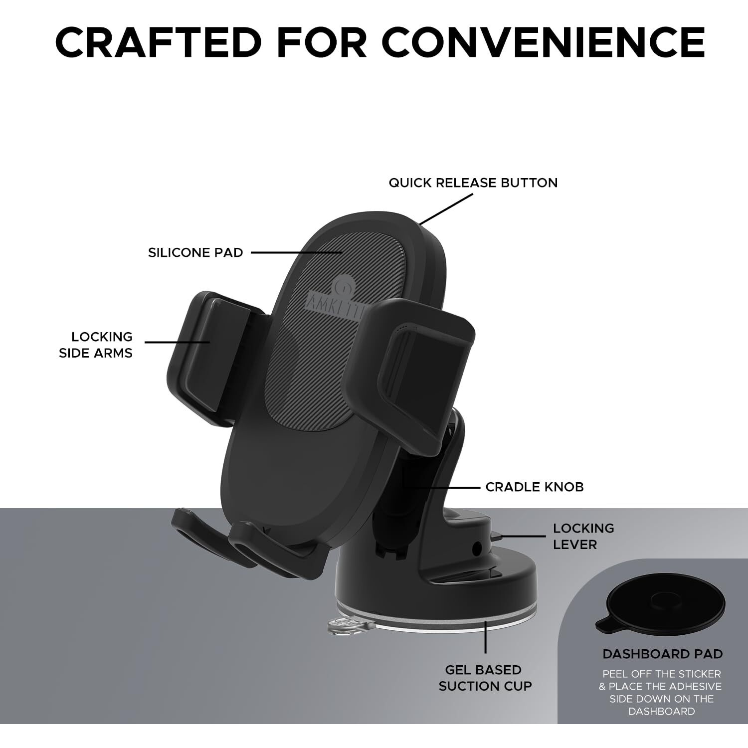 Amkette iGrip Drive Compact Car Phone Holder with Quick Release Function | Strong and Durable | Silicone Base Clamp | Sticky Gel Pad | 360 Degree Rotation | Drive Assist Companion App (Black)