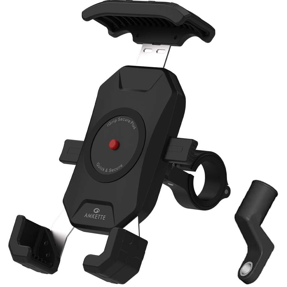 Amkette iGrip Secure Plus Bike Phone Holder for All Bikes/Scooters | Anti Shake Dual Mount Design | One Click Lock | 360 Rotation | IPX6 Splash/Rain Proof | Ideal for Maps and GPS Navigation| (Black)