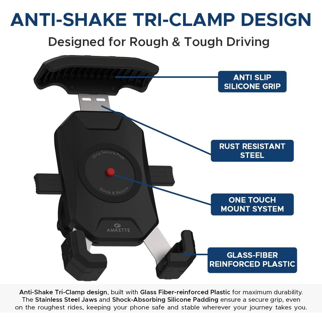 Amkette iGrip Secure Plus Bike Phone Holder for All Bikes/Scooters | Anti Shake Dual Mount Design | One Click Lock | 360 Rotation | IPX6 Splash/Rain Proof | Ideal for Maps and GPS Navigation| (Black)
