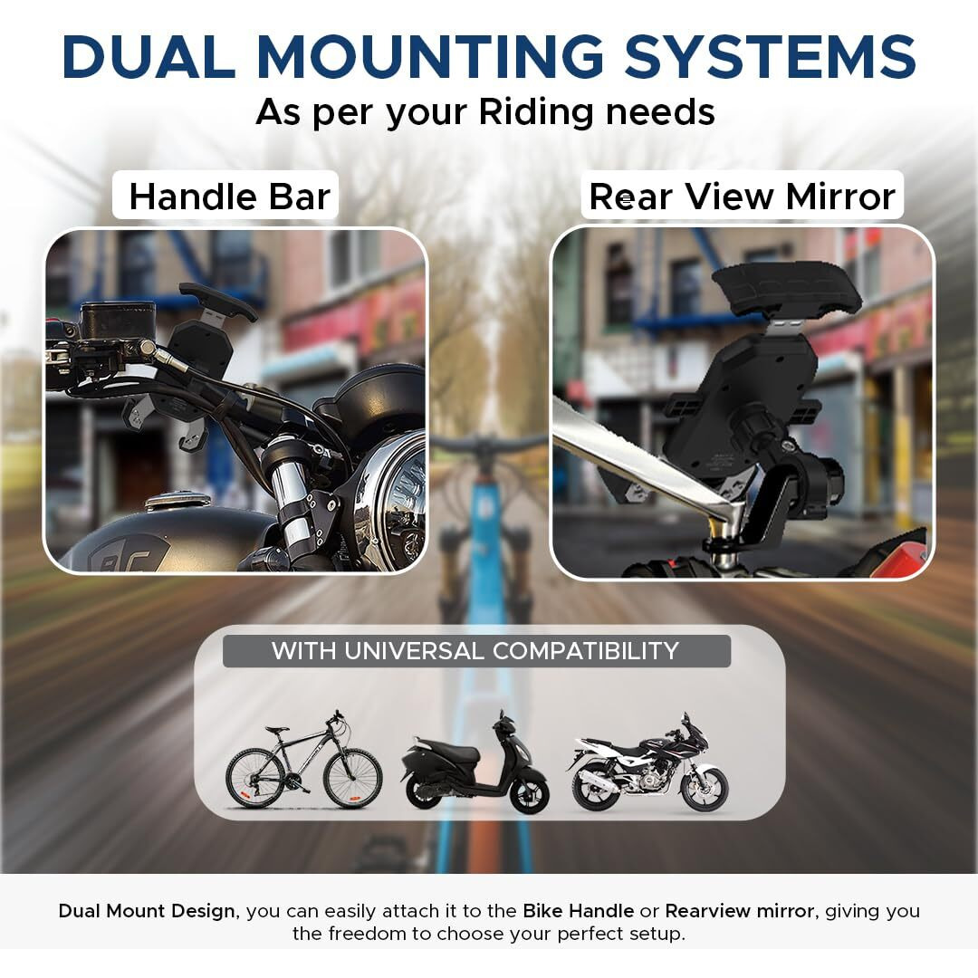 Amkette iGrip Secure Plus Bike Phone Holder for All Bikes/Scooters | Anti Shake Dual Mount Design | One Click Lock | 360 Rotation | IPX6 Splash/Rain Proof | Ideal for Maps and GPS Navigation| (Black)